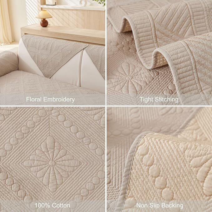 vctops Boho Cotton Quilted Sofa Couch Cover Washable Soft Non Slip Sectional Couch Covers Floral Embroidery Sofa Slipcover for Dogs, Children, Pets Furniture Protector (Coffee,28"x28") - Image 7