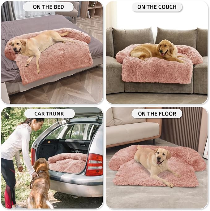 GGIB Calming Dog Bed Fluffy Plush Dog Mat for Furniture Protector with Removable Washable Cover for Large Medium Small Dogs and Cats (Extra Large (53x39.3x6), Pink) - Image 6