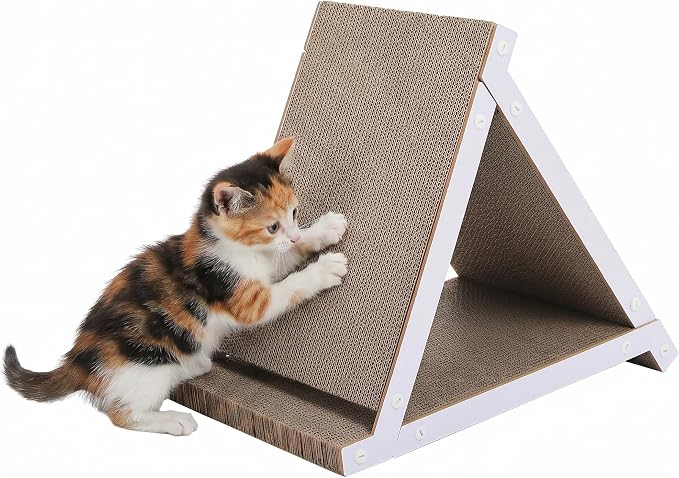 PEQULTI 18.5" Triangular Cardboard Cat Scratcher Pad Indoor Multi Cats | 18.5in triangular corrugated cardboard scratcher, stable base protects furniture for multiple indoor cats by PEQULTI