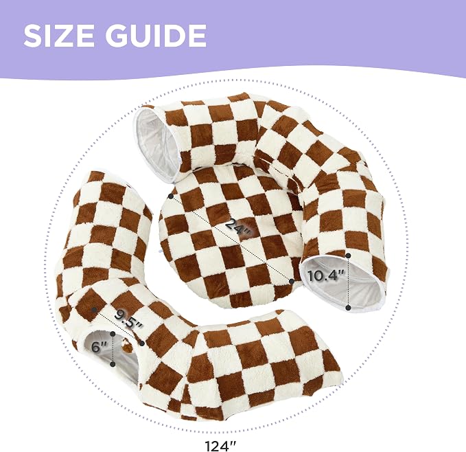 Lesure Donut Cute Jacquard Large Cat Tunnel Bed Kitten Toys for Dog Bunny | 39.5x39.5x10in,Round Large Cat Bed Tube for Multi Kittens,Pet Peekaboo Cave Toy,Spiral Hideaway,Washable Cushion,Brown Checks - Image 5