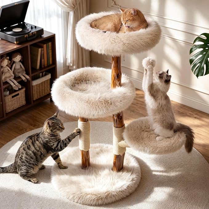 Pear Wood Branch Cat Tree, Cat Tower with Premium Faux Fur Plush | Cat Tree, Solid Pear Wood Real Branch, Deep Plush Cushions, 40 lbs Support, 3 Platforms, Natural Sisal, Modern Cat Tower by Purrlato