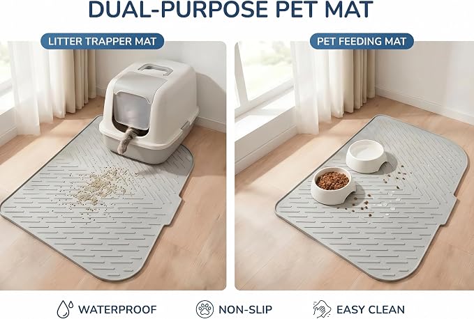 Extra Large Cat Litter Mat 35.5x26.7in Waterproof Silicone Litter Box Mat | Large coverage catches scattered litter, keeps floors clean, soft paw-friendly surface and quick cleanup for daily use - Image 3
