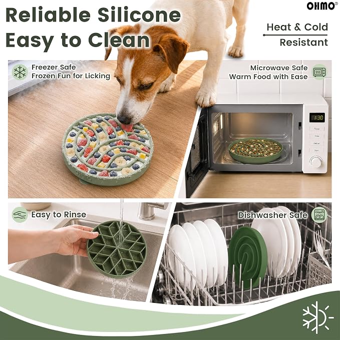 OHMO Slow Feeder Dog Bowl, 5.9" Lick Mat for Dogs, Diamond, Camo Green | Cat Slow Feeder Bowl, Anti Choking, Enrichment Toys, Easy Clean BPA-Free Silicone Feeding Bowl, Boredom and Anxiety Reducer - Image 6