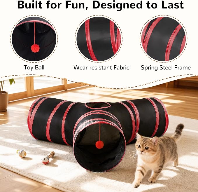 Tempcore Cat Tunnel for Indoor Cats, 3 Way Collapsible Pet Play Tunnel with Teaser Wand, Peek Holes & Hanging Ball, Interactive Tube for Kittens & Rabbits, Black & Red - Image 5
