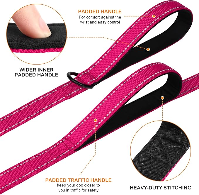 Joytale Dog Leash for Large Dogs that Pull, Double Handle, 4FT, Hot Pink | Traffic Handle for Control, Padded Handle Reduces Hand Strain, Reflective Stitching for Night Safety, Strong Nylon Webbing - Image 2