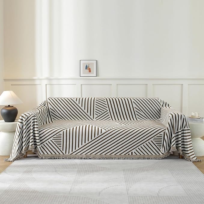 Couch Cover for Sofa, Boho Sofa Cover Washable Couch Cover for Dogs, Pet Sofa Cover for 3-Cushion Couches with Tassel Furniture Protector Cover,71" x 150",Dark Coffee-Line by YSTELLAA