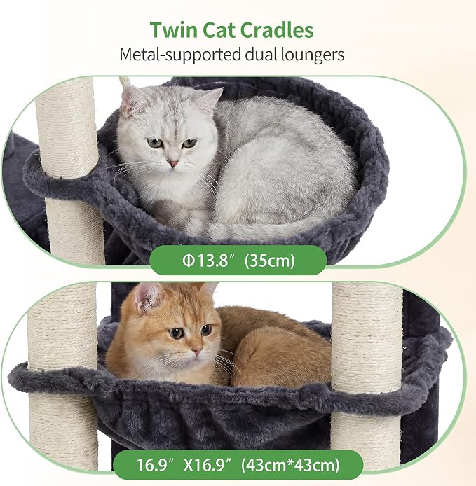 Heybly Cat Tree, 69.7 in Secure Anti-Tip Cat Tower for Large Cats HCT065G | Expansive Cat Furniture with Dual-Tier Cat Condo Villa, 2 Top Perches, Hammock & Full Sisal Scratching Posts, Smoky Gray - Image 8