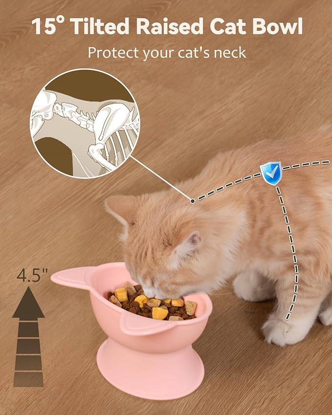 MateeyLife Raised Cat Bowls, Cat Food Bowl Elevated for Kittens & Small Dogs, 15°Tilted Protect Pets' Neck and Anti Vomiting, Whisker Friendly Food & Water Feeding Bowl, 6 oz Each - Pink - Image 2