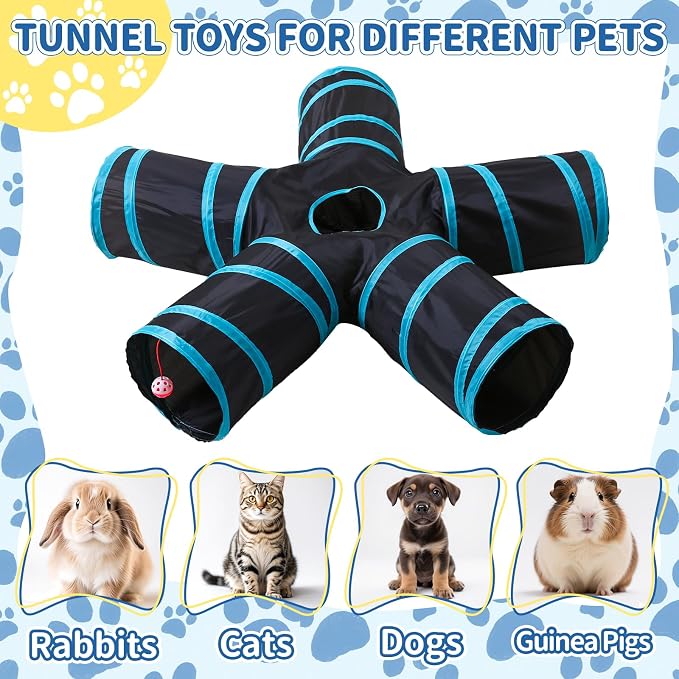 Pet Cat Tunnel, 5 Way Tunnels for Indoor Cats, Collapsible Pet Tunnel for Kitten, Puppy, Rabbit, 25cm-Wide Tunnels, Durable & Breathable, with Peek Hole Toy Ball - Image 2
