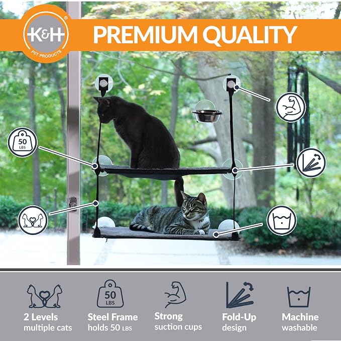 K&H Cat Window Perch, EZ Mount Double Stack Kitty Sill For Large Cats, Gray | Sturdy Cat Window Hammock Bed, Fits 27in Wx31in H Glass Spaces, Steel Frame & Suction Cups, 2 Washable Shelf Covers, Foldable - Image 2