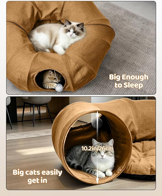 Linen Cat Tunnels with Central Cat Bed, Interactive Cat Toys Detachable Washable Soft Mat Large Indoor Play Tunnel Cave for Kittens and Small Animals - Image 4