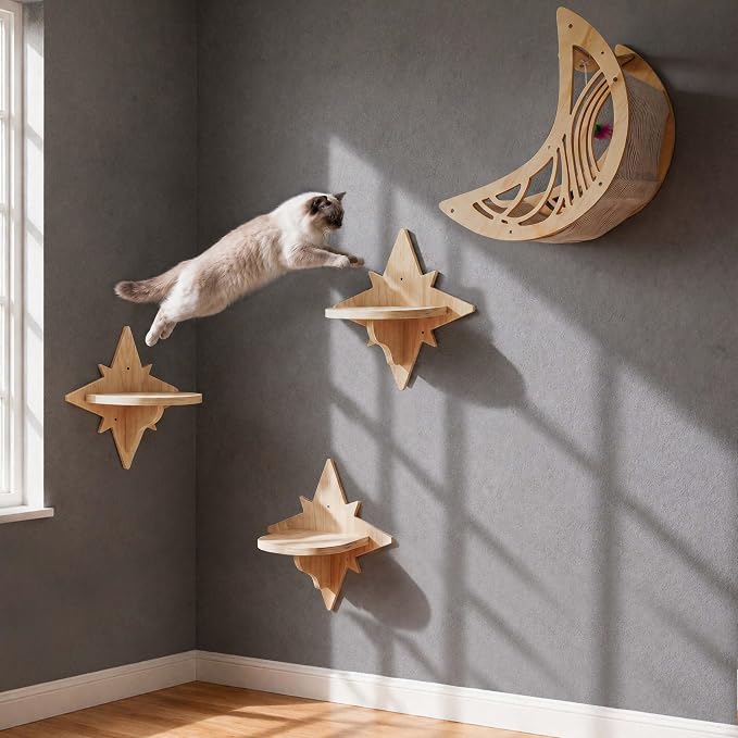 Moon & Star Cat Wall Shelves, Modern Cat Furniture Perch for Indoor Cats | Kitten Shelves with Decorative Cutouts, Space-Saving, Stable & Safe, Paintable, Pre-Drilled, Wood Cat Climbing System - Image 3