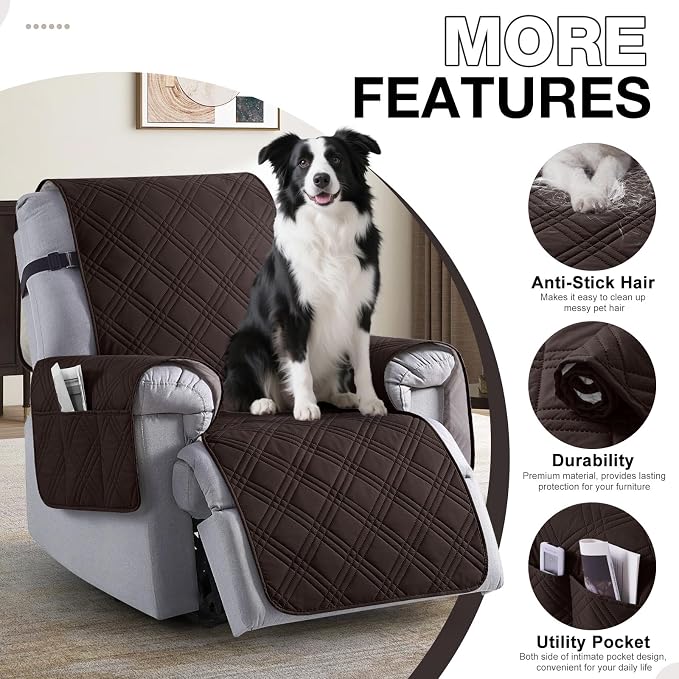 TAOCOCO 100% Waterproof Recliner Chair Covers, Non Slip Recliner Covers for Recliner Chair with Pocket, Washable Reclining Chair Cover Furniture Protector for Kids,Dogs(22'', Coffee) - Image 5