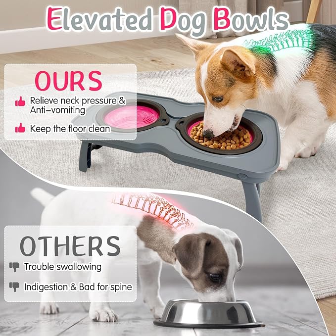 PINVNBY Elevated Dog Bowls Portable Raised Dog Bowl Stand with 2 Collapsible Silicone Food Bowl Non-Slip Travel Bowls for Medium Dogs and Cats (16.9" L x 7.9" W x 5.1" H) - Image 4