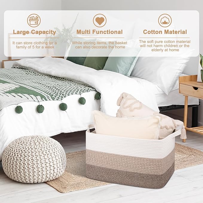 OIAHOMY Rectangle Woven Storage Basket - Nursery Cotton Rope Baskets for Storage, Toy Basket Organizing for Living Room, 17.7"x13.8"x11"- Pack of 3 - Gradient Yellow - Image 4