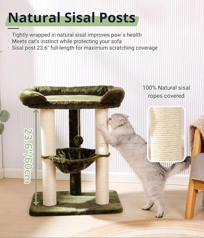 Cat Tree, Cat Scratching Posts with Large Bed for Big Cats | Green, Small Cat Tower, 28" Tall For Window Viewing, 23.6"x15.7" Large Cat Bed, Cat Hammock, Removable Cover, Solid Structure - Image 7
