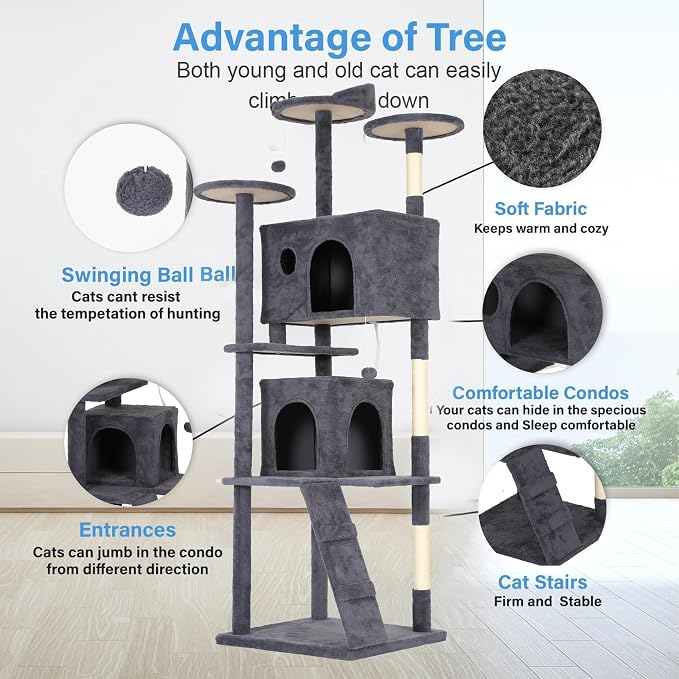 FDW | 81" Cat Tree Tower | Dark Gray | Multi-Level Indoor Activity Center with Sisal Scratching Posts, Condos, Plush Perches, Hanging Cat Toys | Sturdy, Easy to Assemble | for Kittens & Adult Cats - Image 5