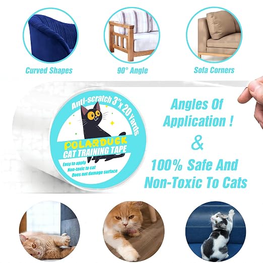 Polarduck Anti Cat Scratch Tape, 3 inches x 20 Yards Cat Training Tape, 100% Transparent Clear Double Sided Cat Scratch Deterrent Tape, Furniture Protector for Couch, Carpet, Doors, Pet & Kid Safe - Image 3