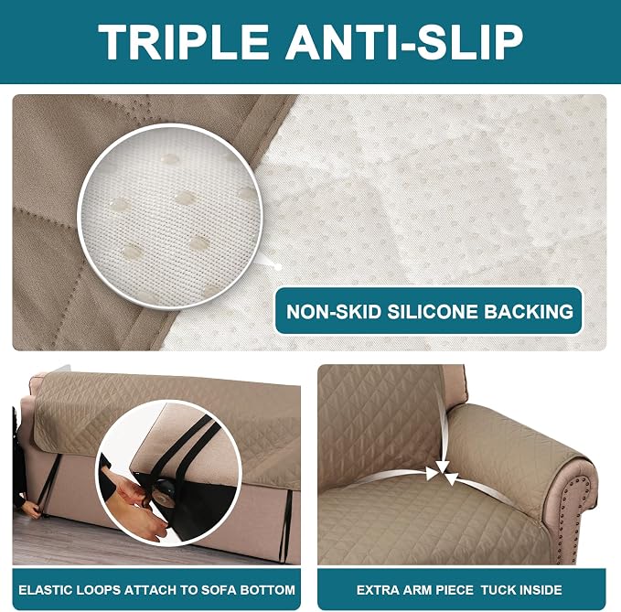 Turquoize 100% Waterproof Sofa Covers Couch Cover Sofa Cover for Dogs Couch Protector Triple Non-Slip Sofa Slipcover for 3 Cushion Couch Furniture Protector for Pets, Kids (XL Sofa 78", Taupe) - Image 4