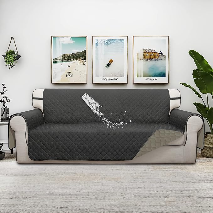 ISSUNTEX Double Protection 100% Waterproof Sofa Covers for Living Room, Reversible Couch Covers for 3 Cushion Couch Sofa, Furniture Protector Sofa Cover for Pets (X Large, Dark Gray/Beige) - Image 2