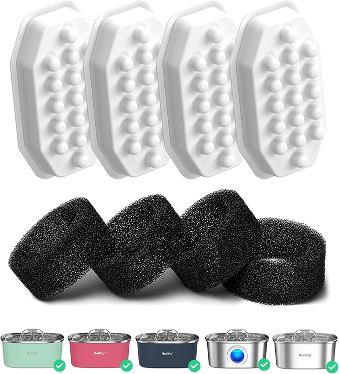 Rellaty Official Cat Water Fountain Filters Replacement | For 3.2L/108oz Automatic Pet Fountain (4 Carbon Filter and 4 sponges) by Rellaty