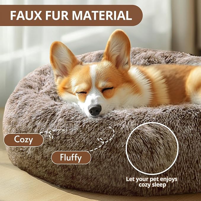 JOLLYVOGUE Calming Dog Bed Medium Size Dog, 31in Donut Washable Medium Pet Bed, Anti-Slip & Anti-Anxiety Fluffy Faux Fur Round Dogs Bed, Fits up to 45 lbs Pets (Smoke Brown) - Image 2