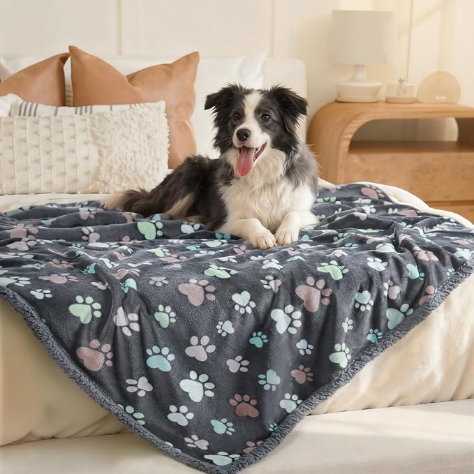Luciphia Waterproof Dog Blanket Reversible Sherpa Fleece for Small Dogs Cat | Soft Print Pet Blanket Washable Pee Proof, Furniture Protector for Couch Sofa Bed Car, Cozy Throw(57" x 40", Grey Paw) - Image 5
