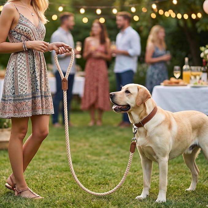 Mile High Life Dog Leash Braided Cotton Rope w/Leather-Wrapped Ends/Handle | Rust-proof 360° swivel clasp, Heavy-duty for medium/large dogs. Great for weddings, daily walks (4 FT, 1/2", Light Brown) - Image 6