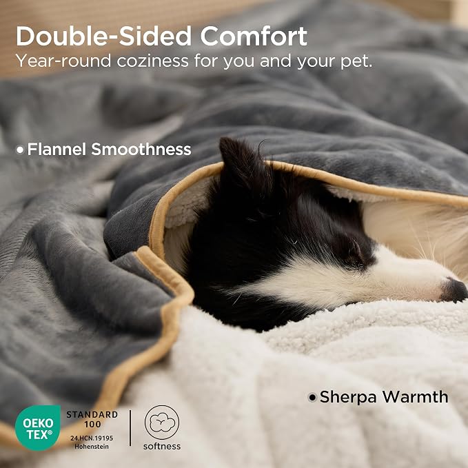 Bedsure Waterproof Blanket for Bed Soft Sherpa Fleece Throw, Twin-XL 90x66 | Plush Cozy Calming Reversible Dog Blankets for Large Senior Dogs,Warm Bed Couch Cover,Pet Furniture Protector,Grey - Image 3