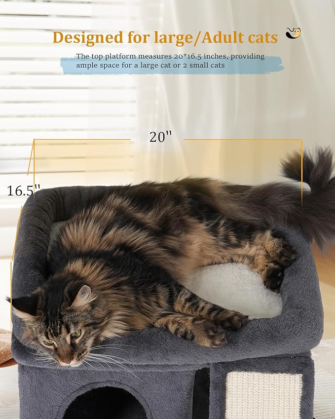 Aechonow Cat Tree for Large Cats, 20x16.5 Perch Bed for Adult Senior Cats | 14" Cat Tree Tower with Scratching Post, Removable Washable Mat, Dark Gray - Image 3