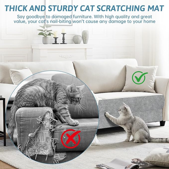 Heavy Duty Cat Scratch Mat for Couch Furniture(Light Gray, 39.3" x 15.8") | Self-Adhesive Cat Scratcher Carpet, Trimmable DIY Cat Scratch Pad, Furniture Protector for Couch,Sofa,Door & Cat Tree - Image 6