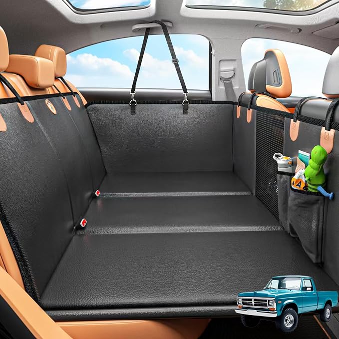 MYJAQI Back Seat Extender for Dogs, Hard Bottom Dog Truck Car Seat Cover | Anti-Scratch PU Leather, Non-Slip, 400lbs Supports & 60% Larger Space, Mesh Window, Easy Clean, Durable Dog Hommock for Truck by MYJAQI