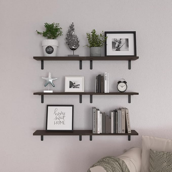 Wood Floating Shelves Set of 6, Shelves for Wall Decor, Farmhouse Shelf for Bedroom, Bathroom Storage Shelves, Book Shelves for Living Room, Dark Brown - Image 6