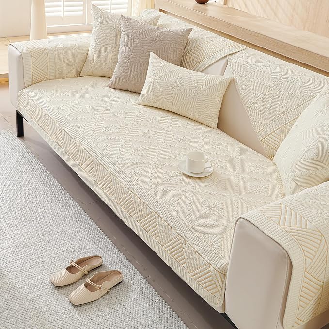 vctops Boho Cotton Quilted Sofa Couch Cover Washable Soft Non Slip Sectional Couch Covers Floral Embroidery Sofa Slipcover for Dogs, Children, Pets Furniture Protector (Cream,43"x70") - Image 5
