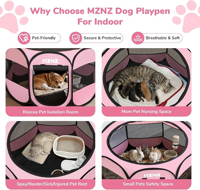 Dog Cat Small Animal Puppy Playpen Crate, Medium, Whole Pink | Portable Pop Up Pet Cage Enclosure Tent Kennel Indoor Outdoor with Carrying Case, No Assembly, Camping Use - Image 3