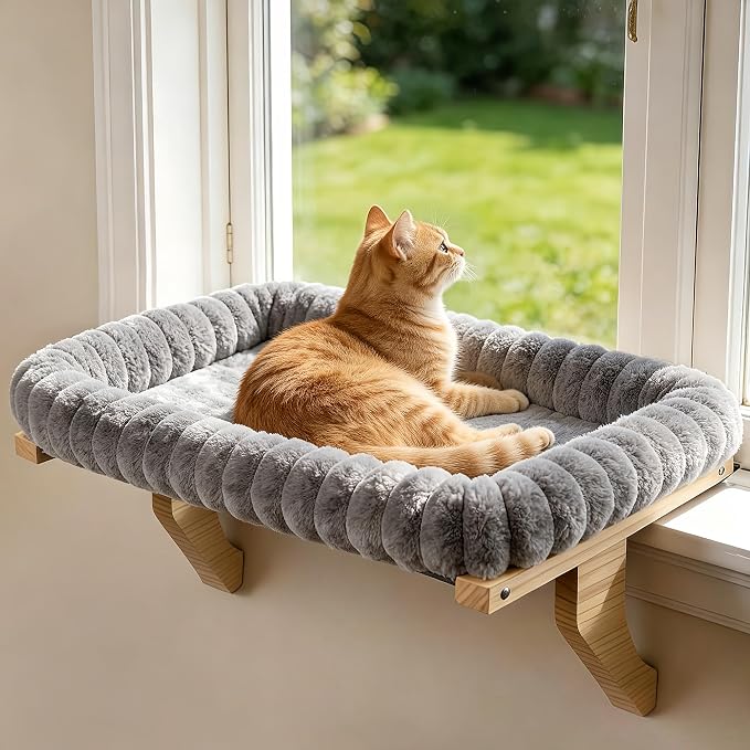 Zoratoo Cloud-Cuddle Cat Perch for Window Sill with Zipper Cushion, L Gray | 24.4’’x18’’, Removable for Machine Wash, Fluffy Plush Bolster, Sturdy Metal Frame for Large Cats up to 40lbs, Easy to Adjust by Zoratoo