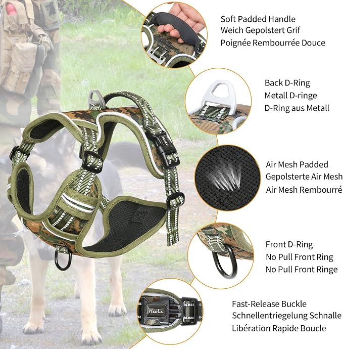 HEELE Dog Harness, No Pull Adjustable Padded Reflective Harness for Small Medium Large Dogs with Handle for Walking Training, Camo Green, XL | Reflective Front Clip Vest with Control Handle, No Choke, Adjustable 2 Metal Rings for Outdoor Walking Training - Image 2