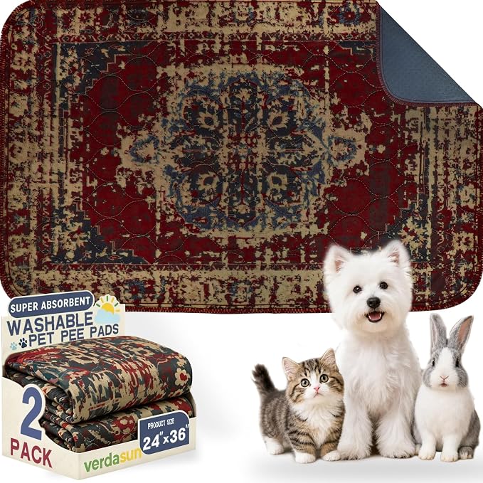 Washable Pee Pads for Dogs, Reusable Puppy Potty Training Pads, Ultra-Absorbent Thick Waterproof Leak-Proof Non-Slip Pads & Mat for Crate, Playpen, Floor, Whelping & Housebreaking , 2 Pack 24"x36" by Verdasun