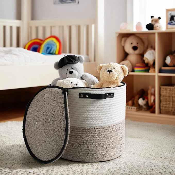 Storage Basket with Lid, 15"x13" Round Woven Blanket Storage for Living Room, Decorative Cotton Rope Hamper with Zipper Top, Wicker Basket with Lid, Floor Covered Kids Dog Toy Bin - Image 5