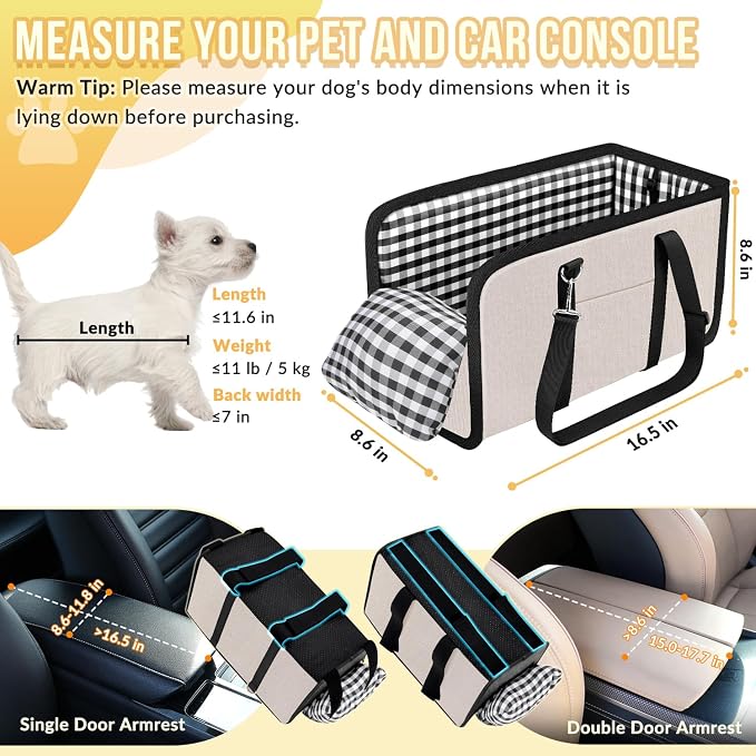 SlowTon Console Dog Car Seat, Dog Booster Seat for Small Dogs Under 11lbs | Portable, Safety Features for Anti-Collapse, Hard Bootm for Excellent Support, with Washable Cushion Built in Seat Belt - Image 2
