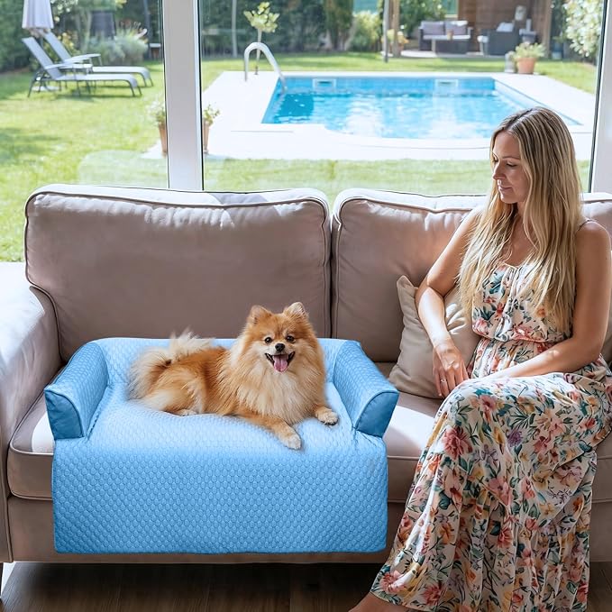 GGIB Cooling Dog Bed Mat with Bolster Pillow Washable Dog Couch Cover Breathable Summer Pet Couch Bed Protector Indoor(Small, Cooling Blue) - Image 2