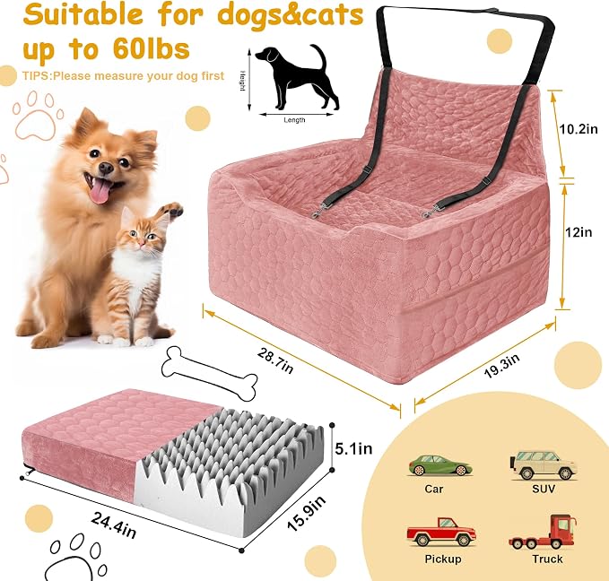 Dog Car Seat for Medium/Large Dog Booster Seat Under 60 lbs or 2 Small Dogs, Multi-Functional Pet Car Seat with Thick Cushion, 2 Safety Leashes (Pink) - Image 2