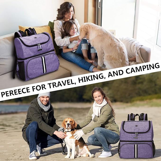 BAGLHER Pet Travel Bag, Double-Layer Pet Supplies Backpack (for All Pet Travel Supplies), Pet Travel Backpack with 2 Silicone Collapsible Bowls and 2 Food Baskets Purple - Image 7