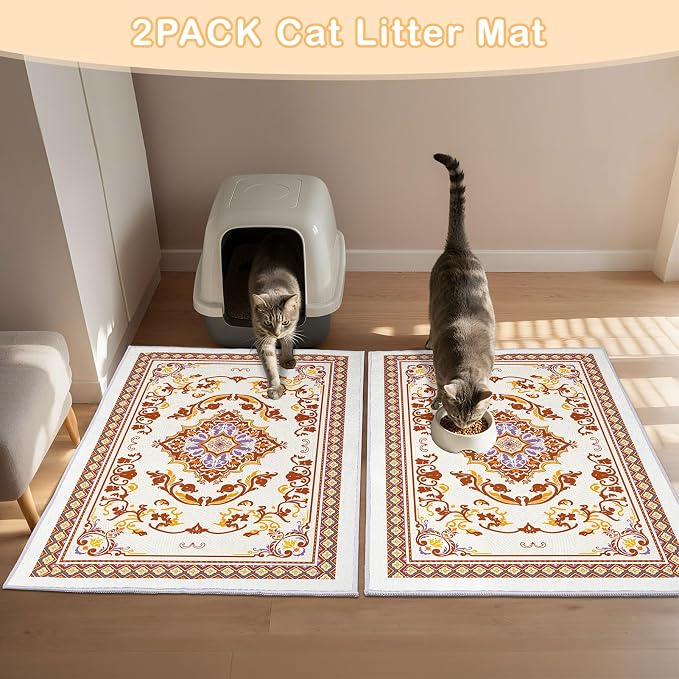 2 Pack Washable Cat Litter Mat 48"x36" Waterproof Trapping Pad | Kitty Litter Box Mat Featuring A Non-Slip Base And Decorative Design To Trap Scatter For Home Floor Protection - Image 4