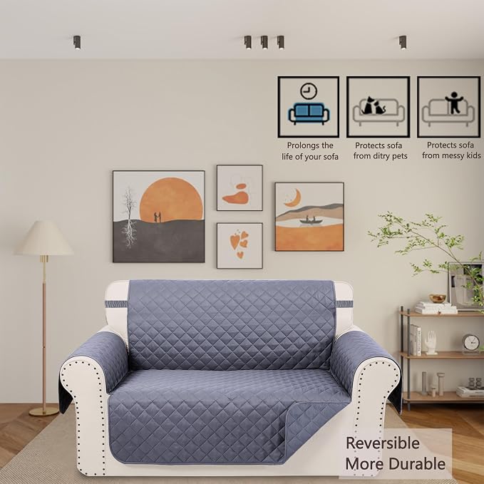Reversible Loveseat Couch Sofa Covers, 2-Seater, Dark Grey | Loveseat Covers for Dogs Water Repellent, Friendly Furniture Protector with Elastic Straps for Living Room - Image 2
