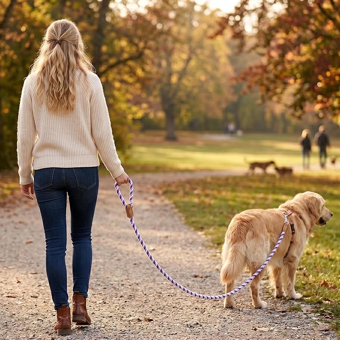 Mile High Life Rainbow Dog Leash Braided Cotton Rope w Leather-Wrapped Ends | Rust-proof 360° swivel clasp, Heavy-duty for medium/large breeds. Great for weddings, daily walks (4FT, 1/2", Purple) - Image 2