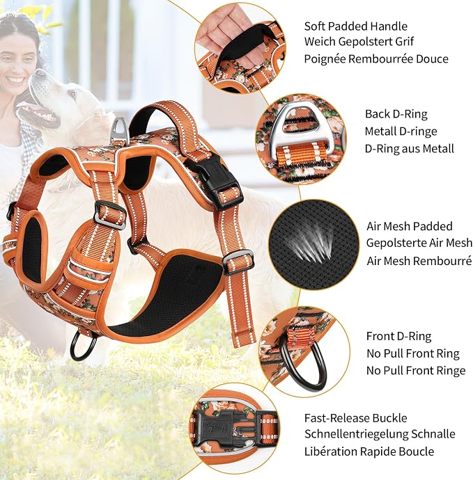 HEELE Dog Harness, No Pull Adjustable Padded Reflective Harness for Small Medium Large Dogs with Handle for Walking Training, Flower-Orange,XL | Front Clip for Large Dog Harness, 2 Metal Rings with Handle, Adjustable, Soft Breathable Padded Pet Vest fo... - Image 3