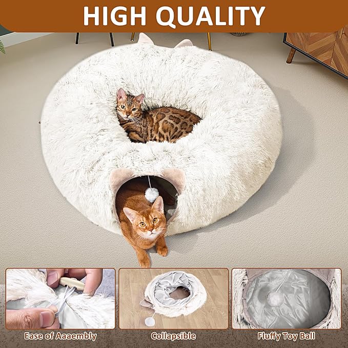 Cat Tunnel with Cat Bed for Indoor Cats, Soft Plush Peekaboo Cat Cave Donut Tunnel, Multifunctional Playground Toys Hideplace for Small Medium Large Kittens, Rabbit, Ferret (Cream White) - Image 6