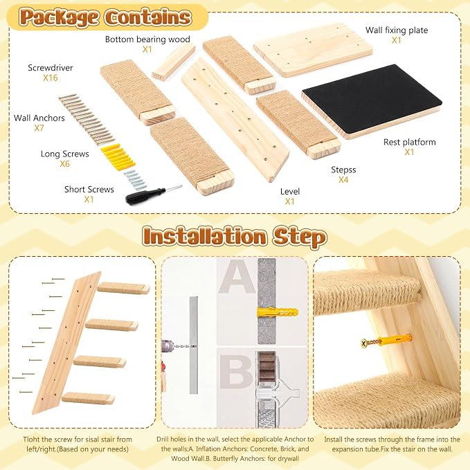 Nuanchu 2 Pack Cat Wall Shelves Stairs Steps Ladder with Hemp Rope | Cat Wall Mount Furniture, Kitten Wood Perch,Climbing System, 4 Step, Corner Shelf, Scratching, Fit Small to Medium Sized Pet - Image 3