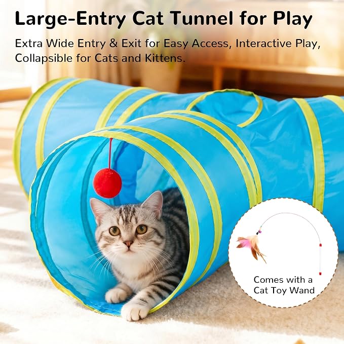 Tempcore Cat Tunnel for Indoor Cats, 3 Way Collapsible Pet Play Tunnel with Teaser Wand, Peek Holes & Hanging Ball, Interactive Tube for Kittens & Rabbits, Blue & Yellow - Image 4